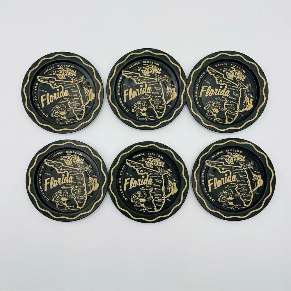 Set of 6 Vintage Tin Florida Coasters